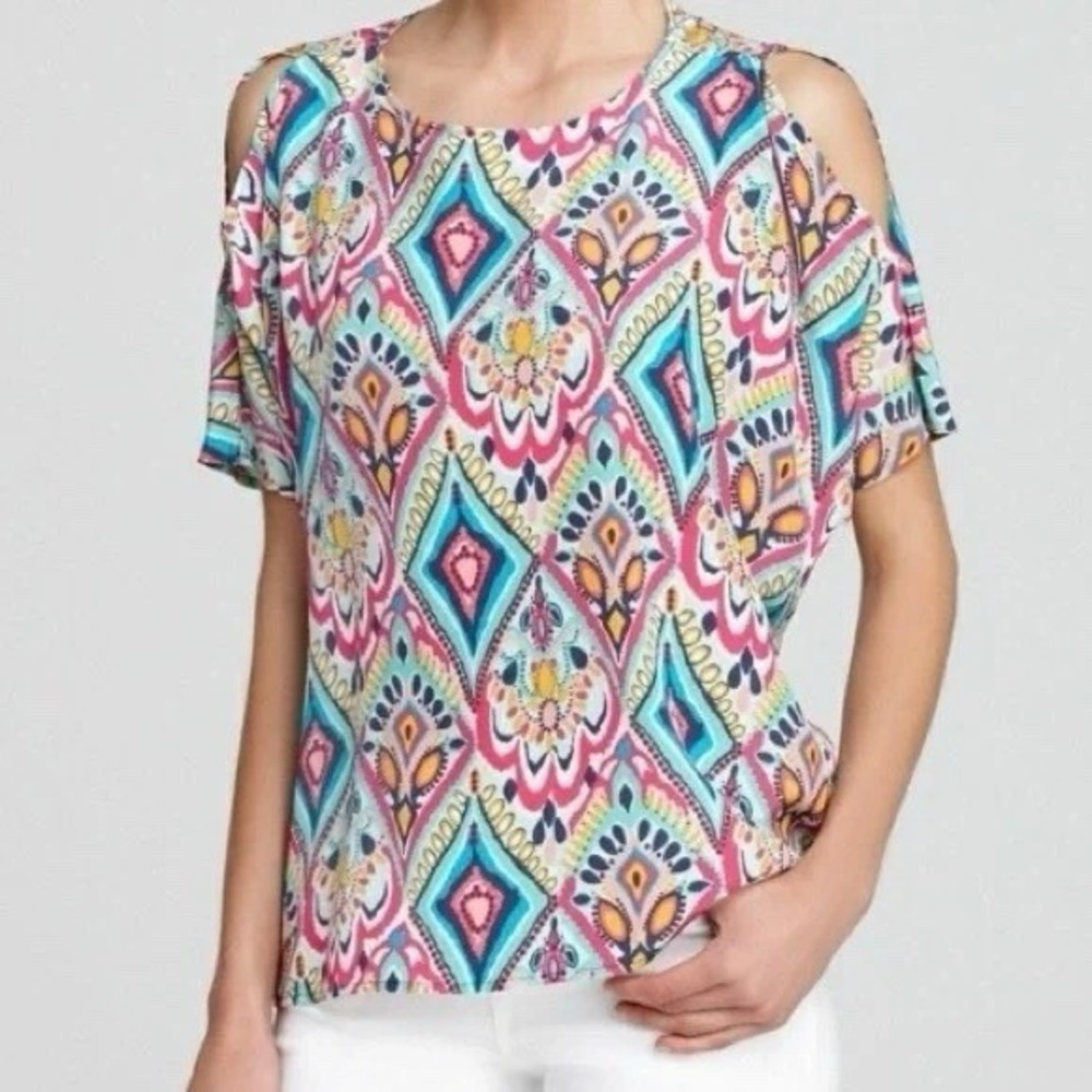 Lilly Pulitzer Silk Crown Jewels Trace Cold Shoulder Top Oversized Preppy XS